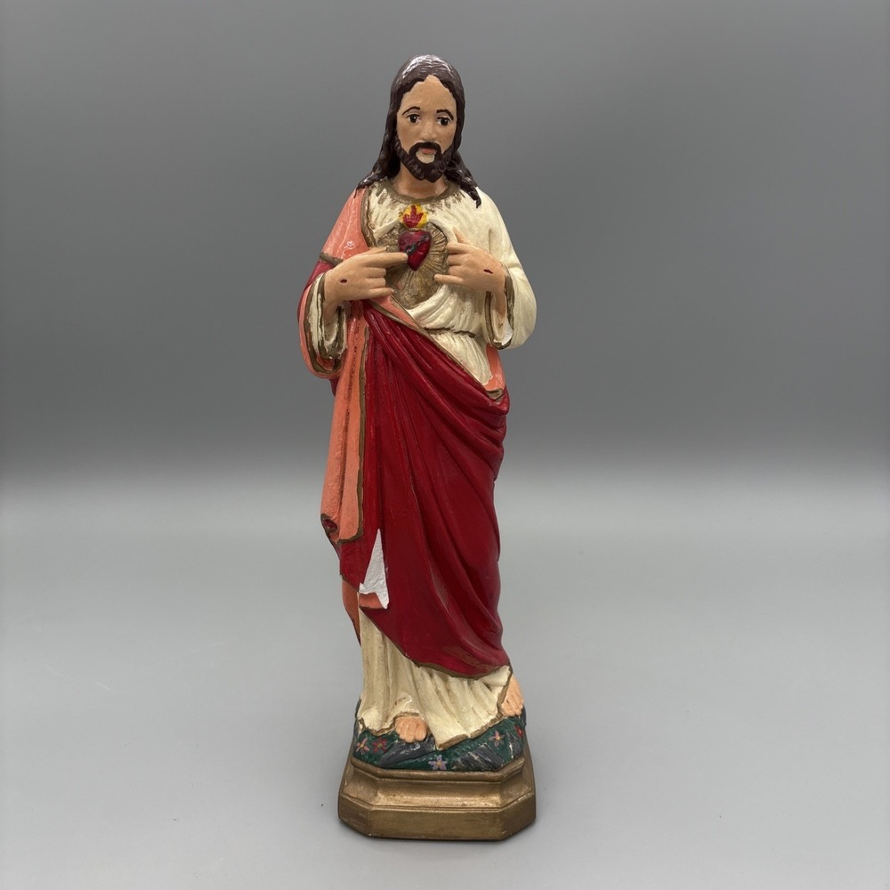 Vintage Chalkware Jesus Statue Sacred Heart 13" Catholic symbol of sacrifice